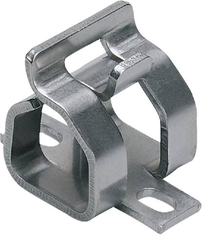 Metallklemme mit zwei Öffnungen, die für das Zusammenhalten von Kabeln oder Rohren verwendet wird.