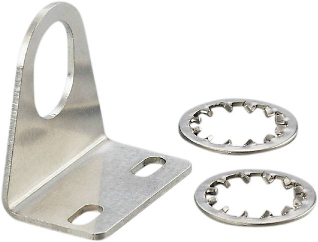 Metallwinkelhalter und zwei gezahnte Scheiben auf schwarzem Hintergrund. Geeignet für robuste Befestigungen und Stabilisierung.