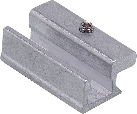 Ein silbernes Metallprofil mit U-Form und einer kleinen Schraube oben.