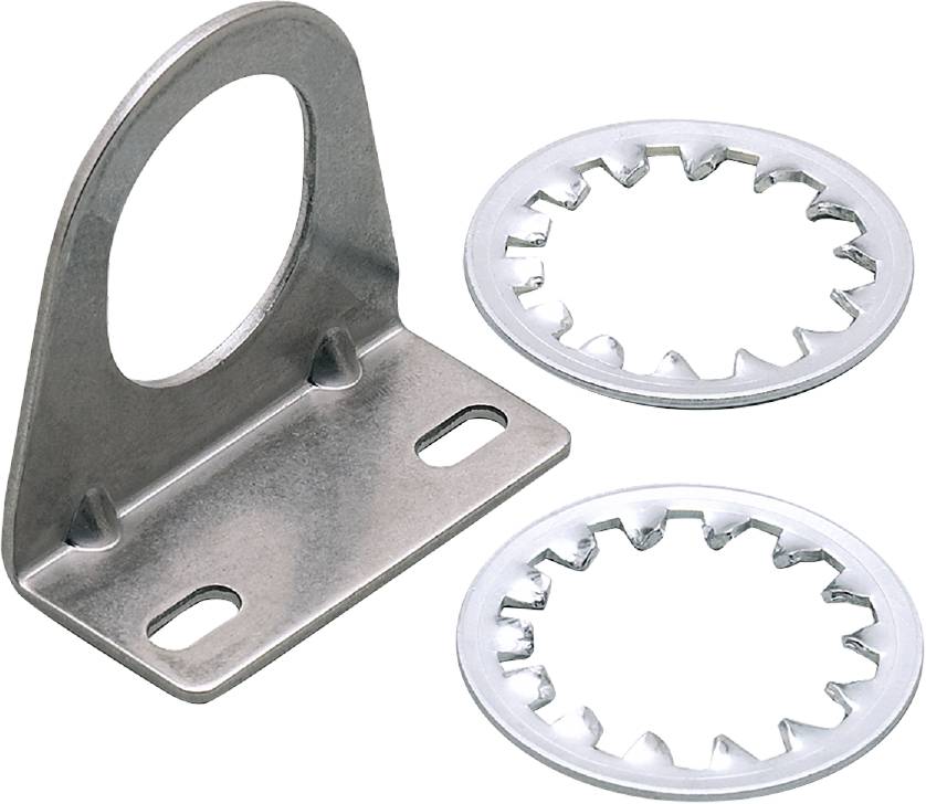 Metallwinkelhalterung mit rundem Loch, daneben zwei gezahnte Metallscheiben auf schwarzem Hintergrund.