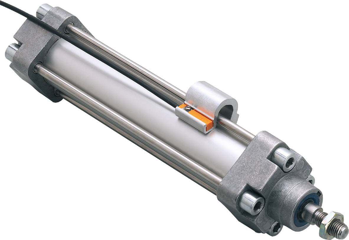 Industriezylinder aus Metall mit zwei Stangen und Befestigungselementen. Verwendet zur Steuerung mechanischer Bewegungen.