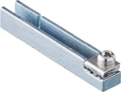 Metallische Schiene mit Schlitten, möglicherweise Teil eines Linearlagers oder Führungssystems.