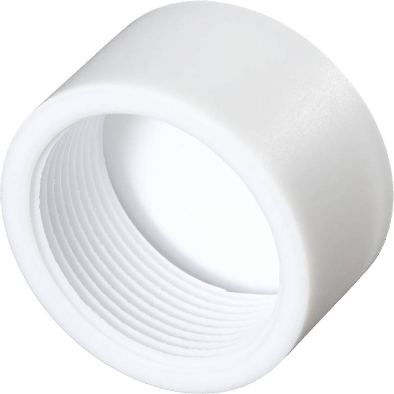 Ein weißer, hohler Kunststoffzylinder mit gerippter Innenseite. Möglicher Adapter oder Kappe für Rohrverbindungen.