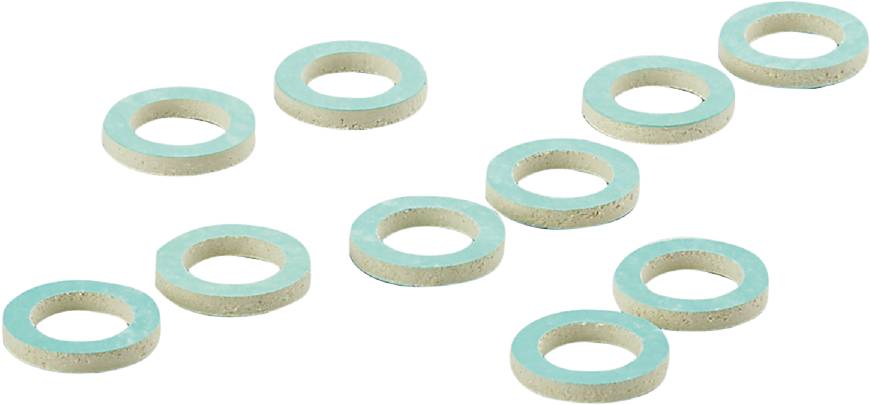 Mehrere türkisfarbene Dichtungsringe aus Fasermaterial liegen verstreut. Die Ringe haben eine glatte Oberfläche und gleiche Größe.
