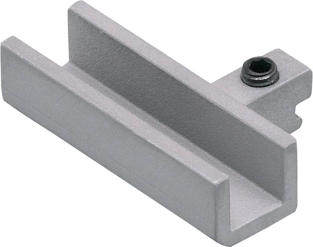 Ein silbernes, rechtwinkliges Metallprofil mit Schraube, vermutlich Teil eines maschinellen oder baulichen Elements zur Verbindung oder Befestigung.