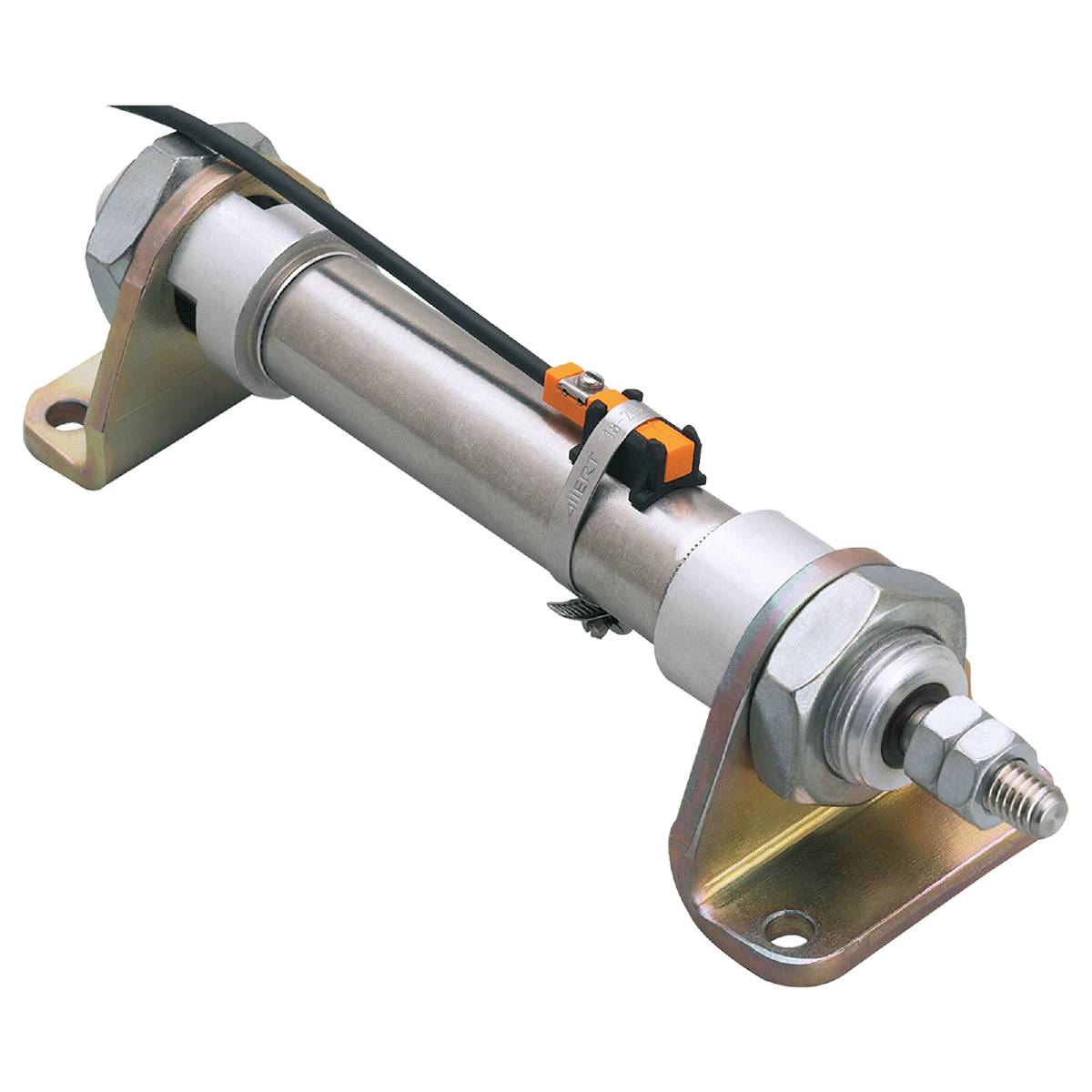 Industrielle Hydraulikzylinderbaugruppe, bestehend aus einem silbernen Metallzylinder und Befestigungselementen, vor schwarzem Hintergrund.