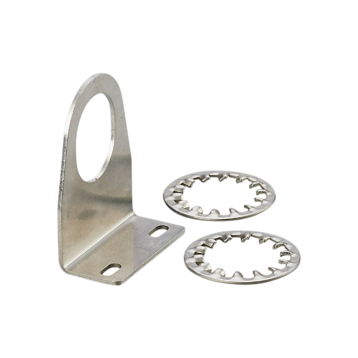 Metallhalterung mit zwei gezahnten Unterlegscheiben auf schwarzem Hintergrund.