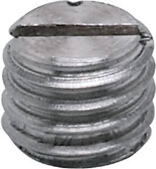Nahaufnahme eines silbernen Schraubenkopfes aus Metall mit Schlitz für Schraubenzieher, Oberfläche leicht abgenutzt.