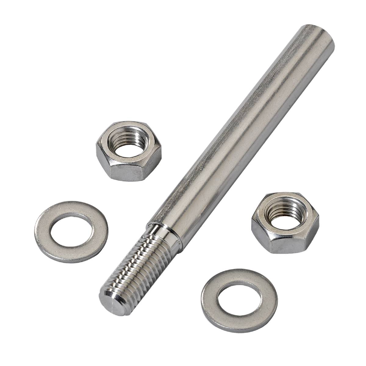 Metallschraube mit Gewinde, begleitet von zwei Muttern und zwei Unterlegscheiben auf schwarzem Hintergrund.