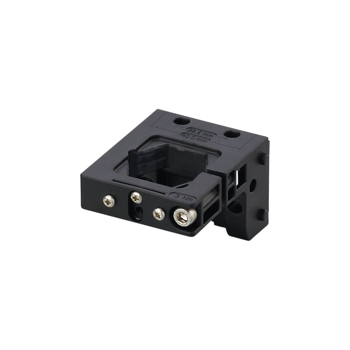 Ein schwarzes, rechteckiges elektronisches Bauteil mit mehreren Schraublöchern, auf schwarzem Hintergrund.