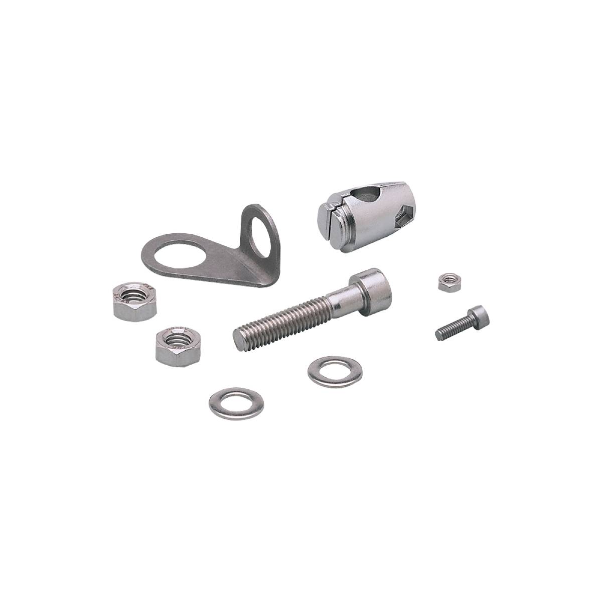 Verschiedene Metallteile, darunter Schrauben, Muttern und Unterlegscheiben, auf schwarzem Hintergrund angeordnet.
