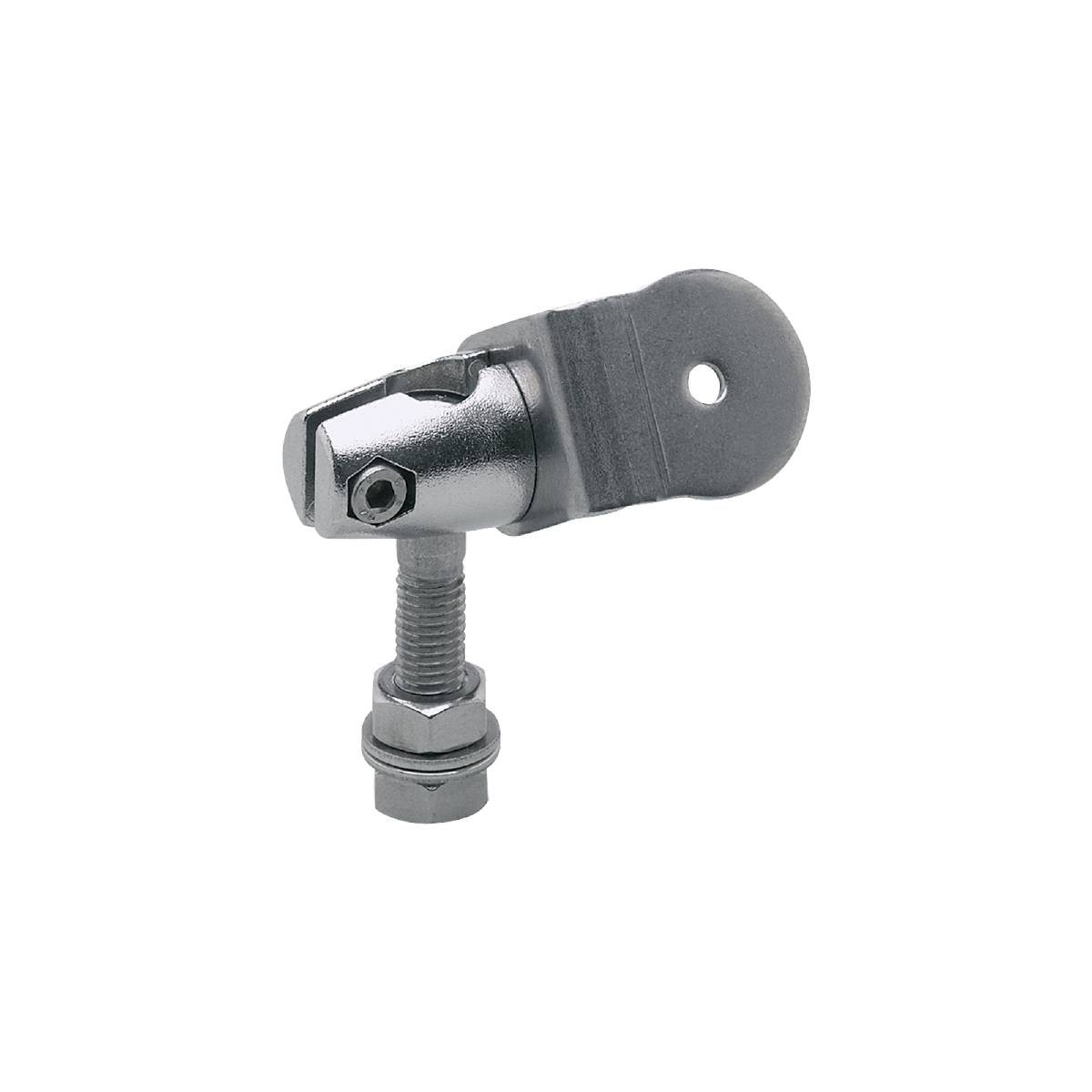 Metallisches Hardware-Bauteil mit Gelenkarm und Schraubmontage, vor schwarzem Hintergrund gezeigt.