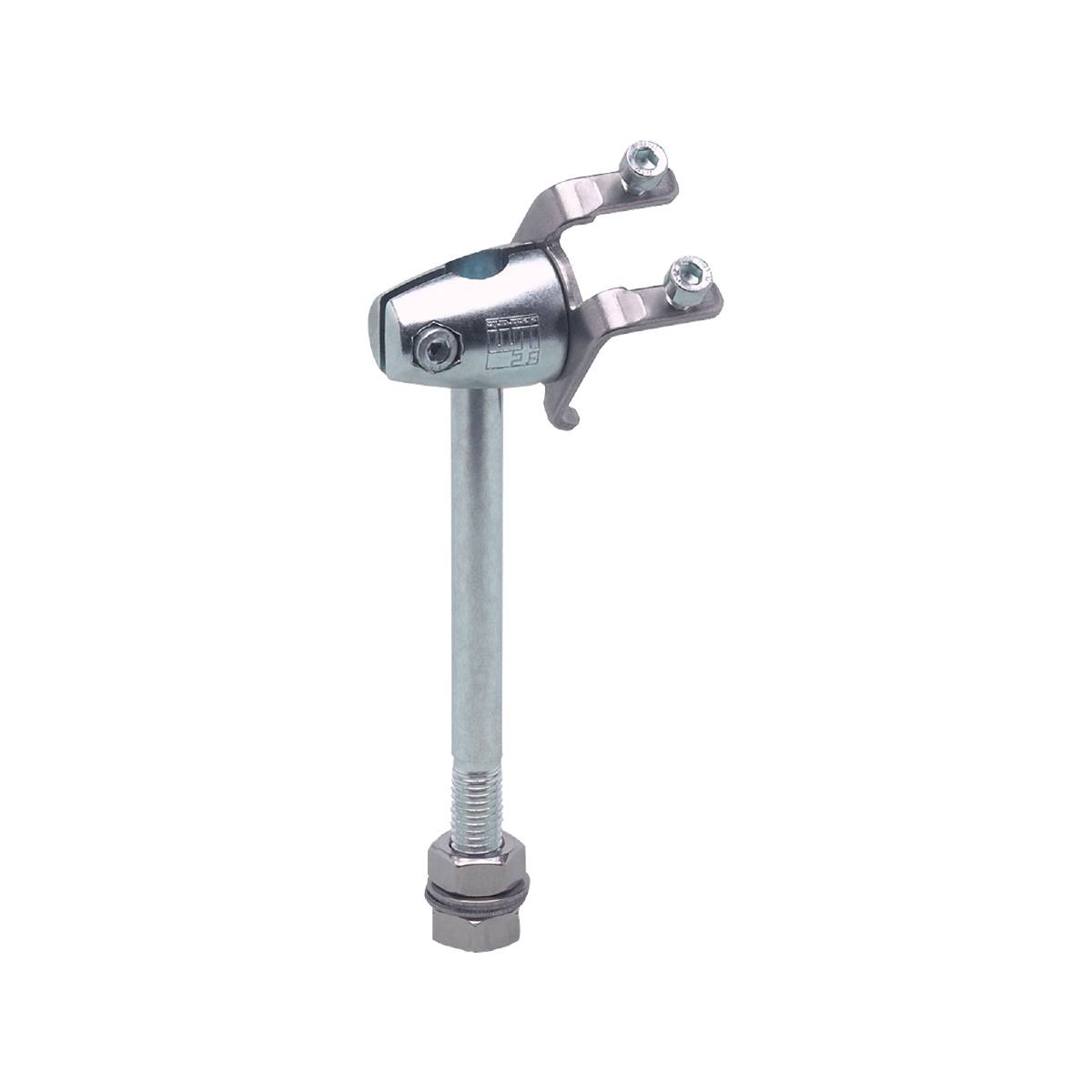 Eine silberne Metallkomponente mit einer flexiblen Gelenkverbindung und zwei Schrauben auf schwarzem Hintergrund.