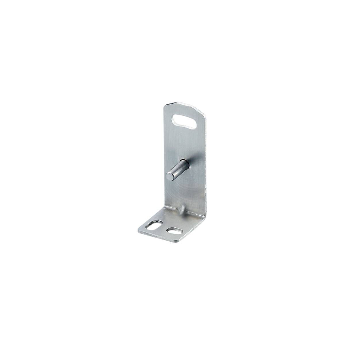 Ein silberner, L-förmiger Metallwinkel mit einem Loch an jeder Seite und einem herausragenden Stift in der Mitte vor schwarzem Hintergrund.