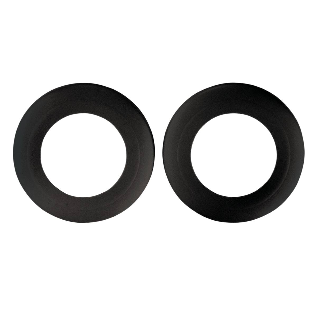 Zwei schwarze, kreisförmige Objekte auf schwarzem Hintergrund, gleiche Größe, parallel zueinander platziert.