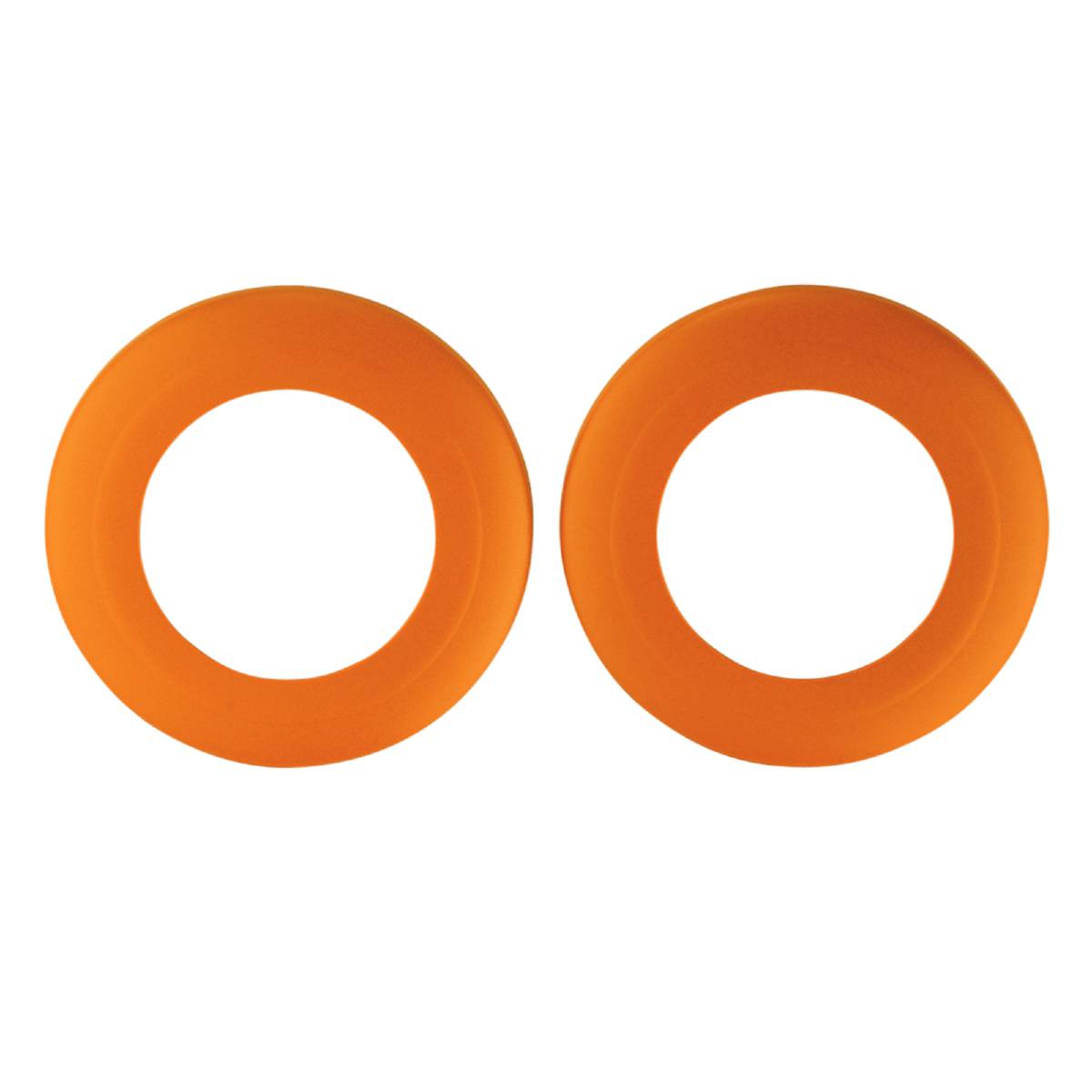 Zwei leuchtende orangefarbene Ringe auf schwarzem Hintergrund, symmetrisch nebeneinander platziert.