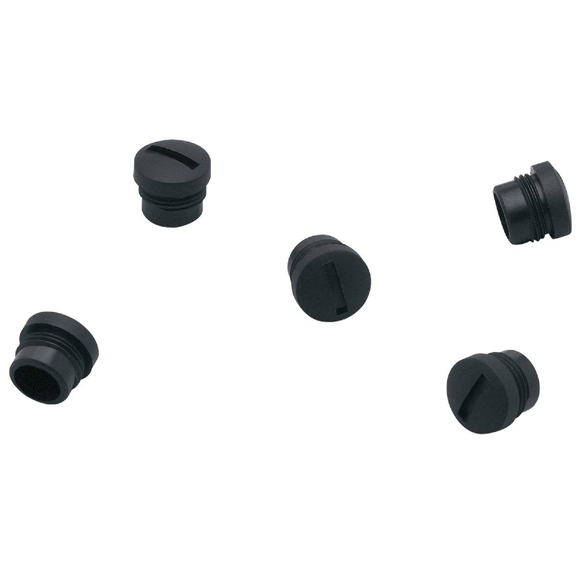Fünf schwarze Schrauben mit Schlitzköpfen, auf schwarzem Hintergrund verteilt.