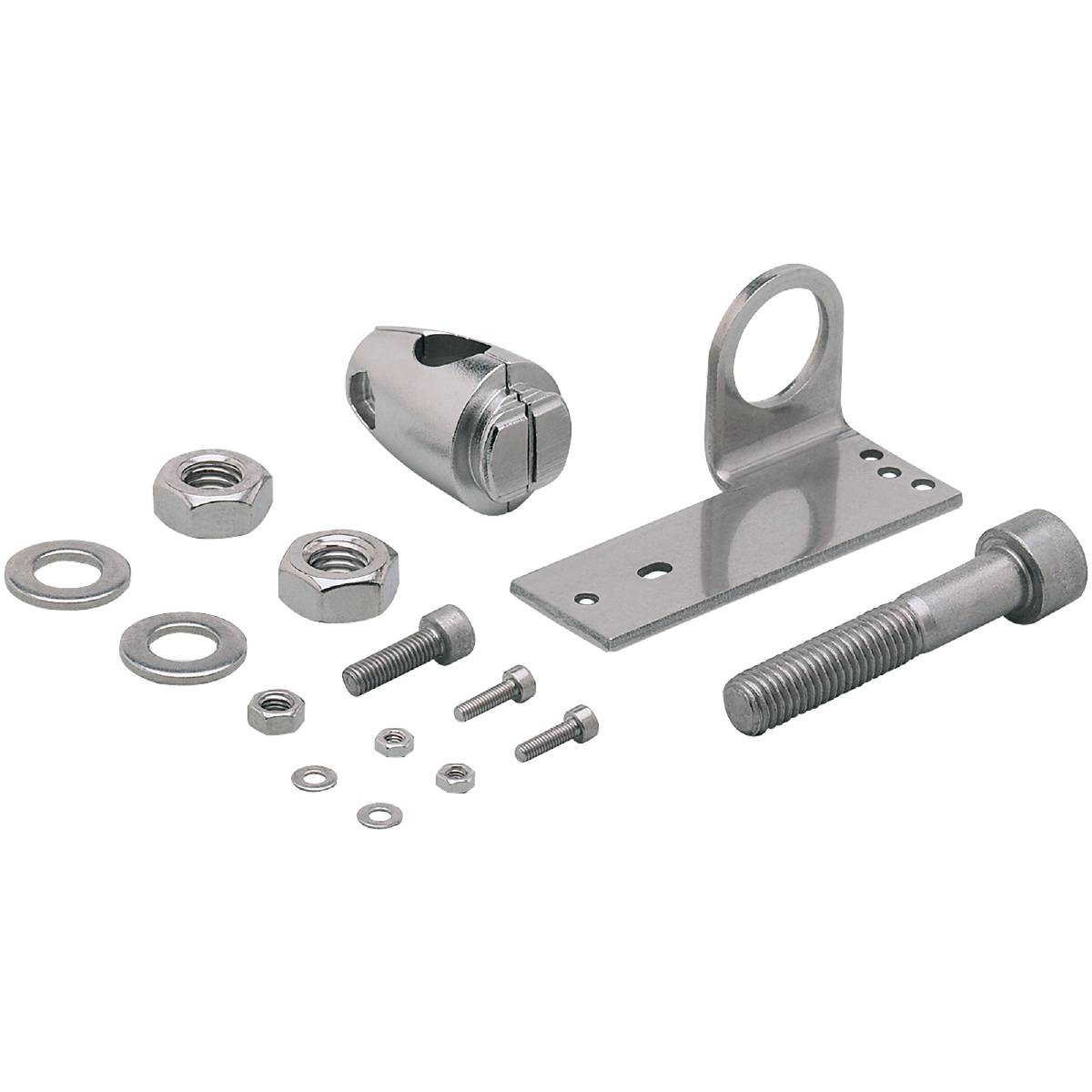 Metallbauteile, einschließlich Schrauben, Muttern, Unterlegscheiben und Halterung, auf schwarzem Hintergrund angeordnet.