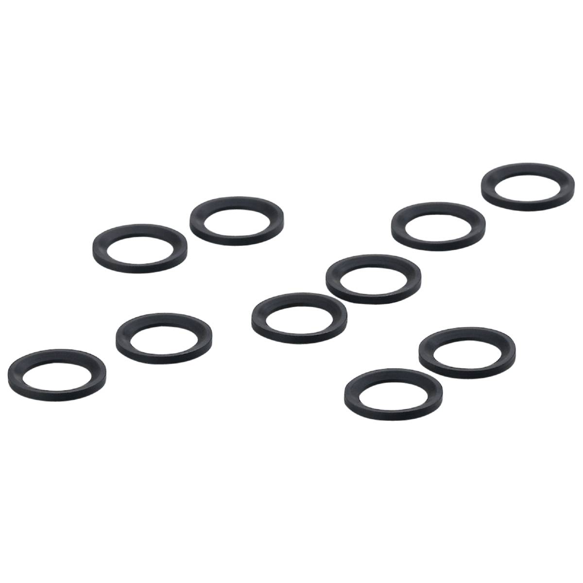 Zehn durchscheinende O-Ringe aus Silikon, gleichmäßig auf schwarzem Hintergrund verteilt. Sie sind kreisförmig und grau.