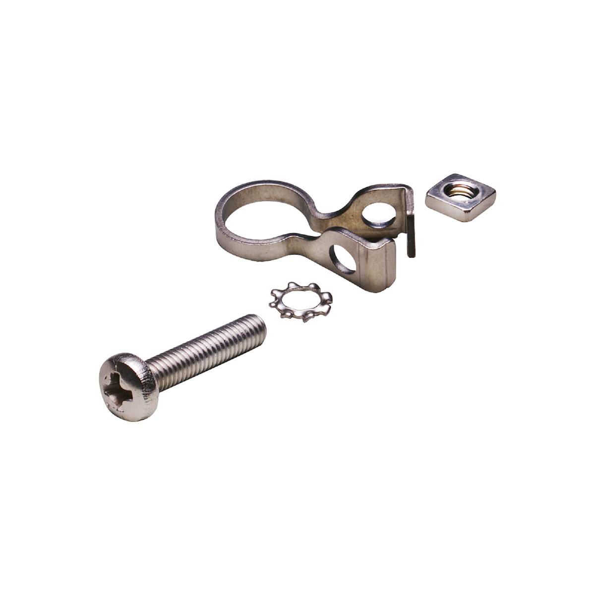 Metallhalterung mit Schraube, Sicherungsring und quadratischer Mutter.