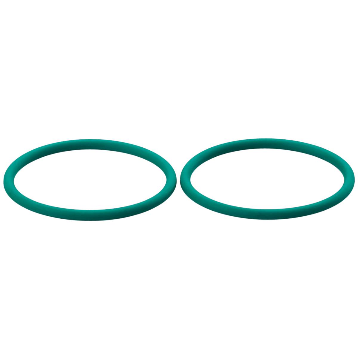 Zwei grüne, leuchtende Ringe auf schwarzem Hintergrund, horizontal nebeneinander platziert.