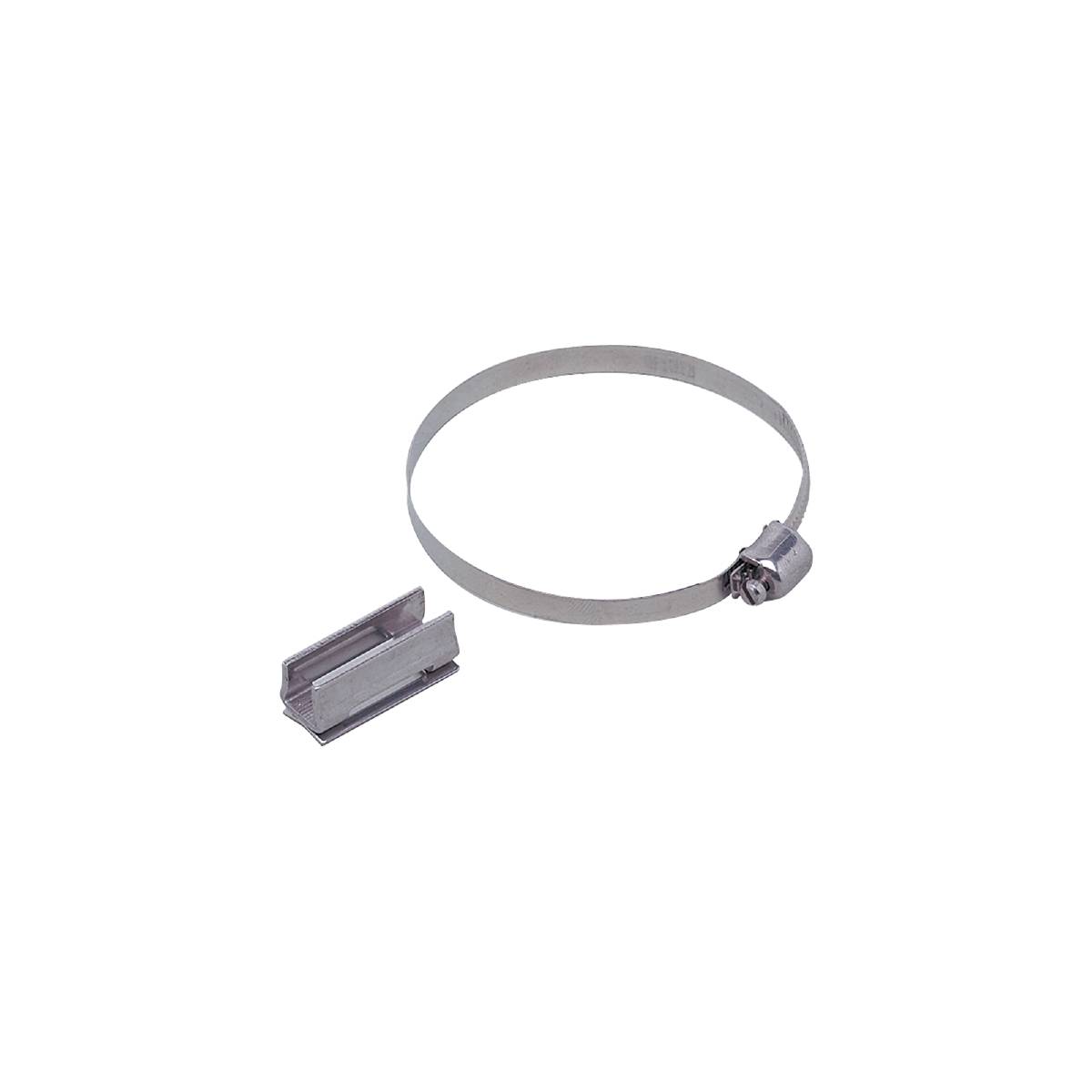Ein silberner Metallschlauchschelle und ein dazugehöriger Adapter. Beide liegen auf schwarzem Hintergrund.
