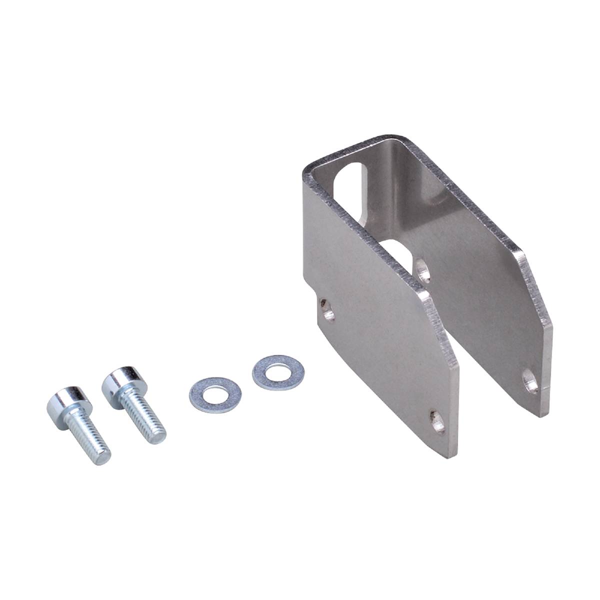 Metall-Halterung mit zwei Schrauben und zwei Unterlegscheiben. Die Halterung hat zwei Bohrlöcher und eine rechteckige Form.