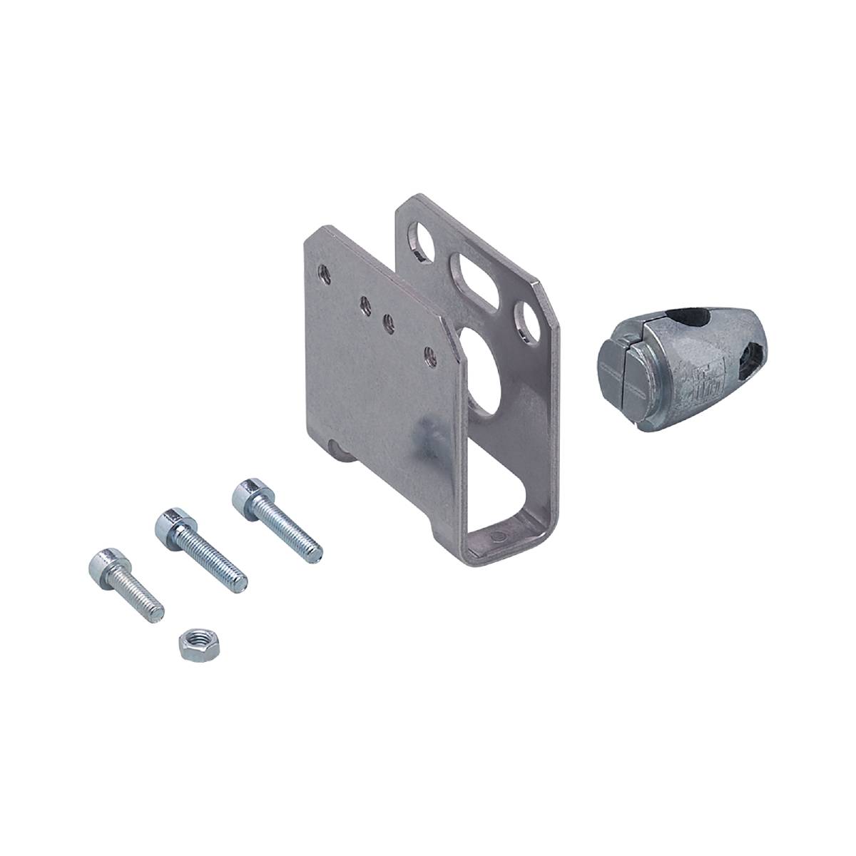 Ein Metallhalterungssatz mit Schrauben, Muttern und einer Spannvorrichtung, dargestellt auf schwarzem Hintergrund.
