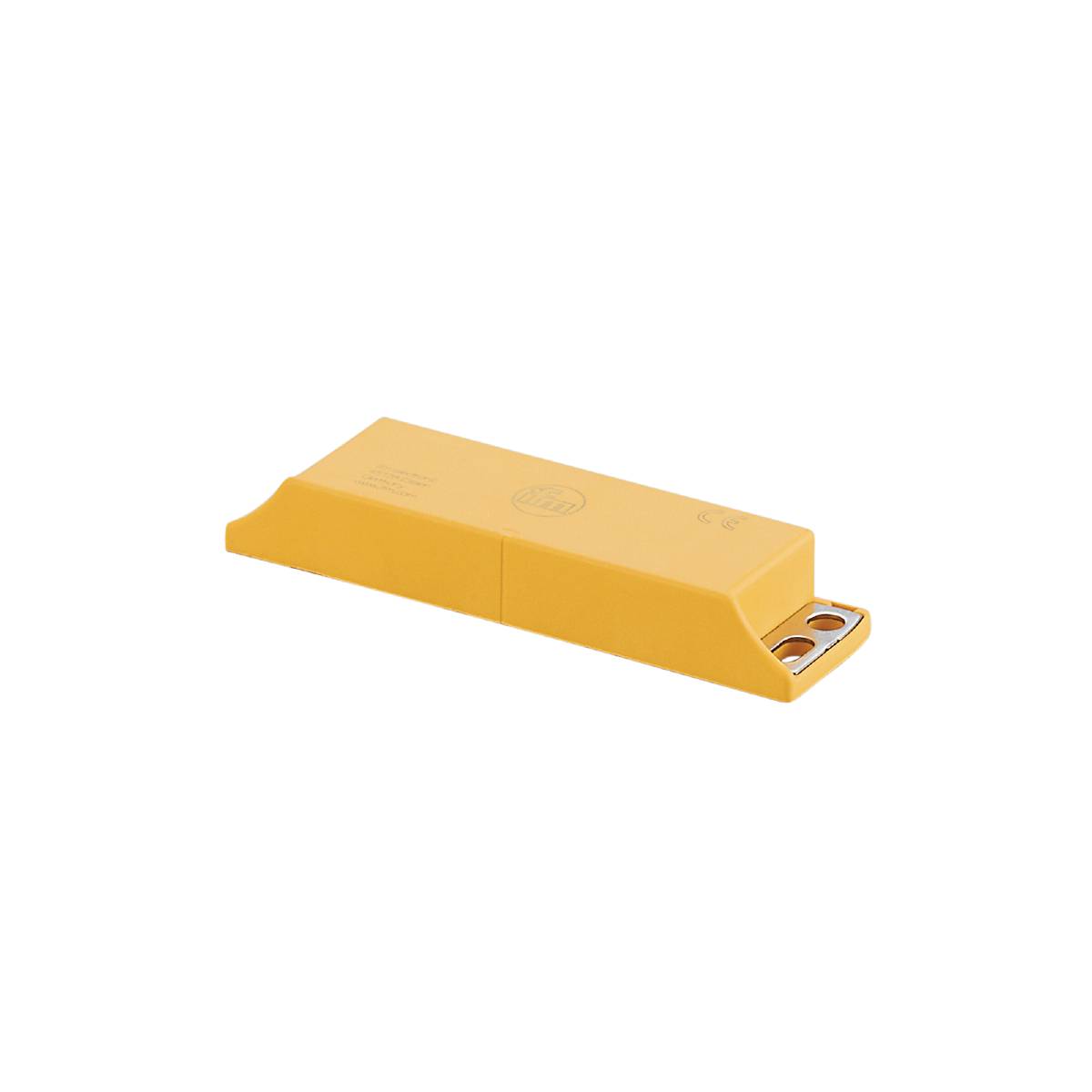 Ein rechteckiger, gelber Sensor mit abgerundeten Ecken und Metallkontakten auf schwarzem Hintergrund. Hauptsächlich verwendet in industriellen Anwendungen.