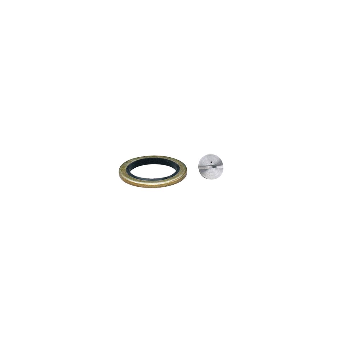 Gegenstand auf dunklem Hintergrund: Links ein goldener, kreisförmiger Ring; rechts davon ein kleiner, runder silberner Gegenstand.
