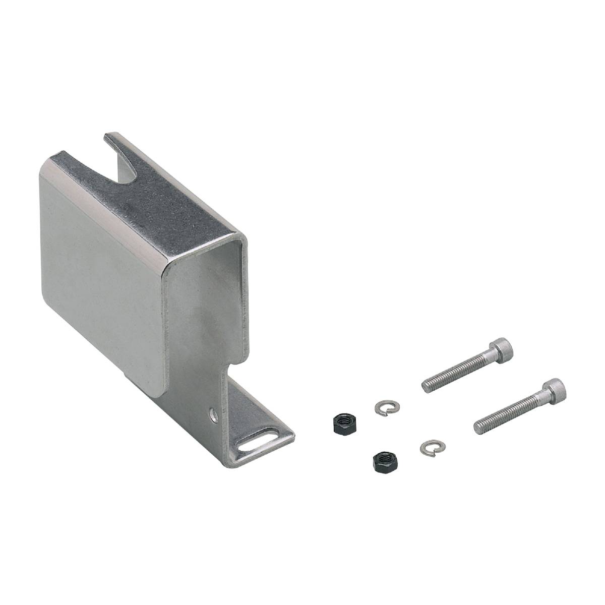 Metallhalter mit Bolzen und Muttern; Zubehör für Montage oder Befestigung, auf schwarzem Hintergrund.