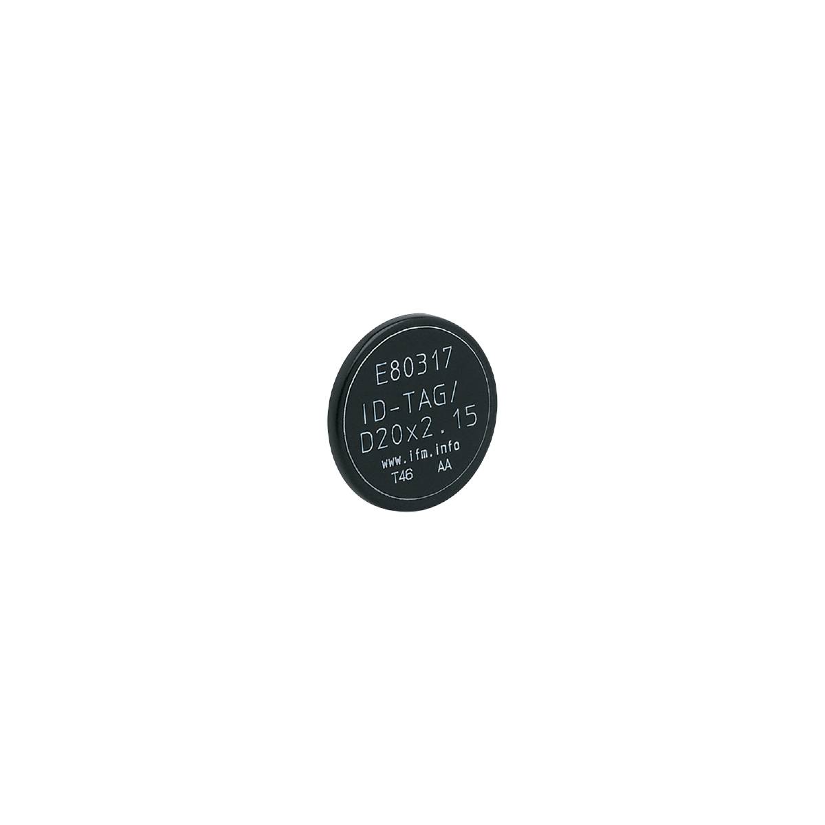 Runder Chip mit Aufschrift: 'E80317, ID-TAG, D20X2.15, Made in Italy, T6.' Schwarzer Hintergrund.