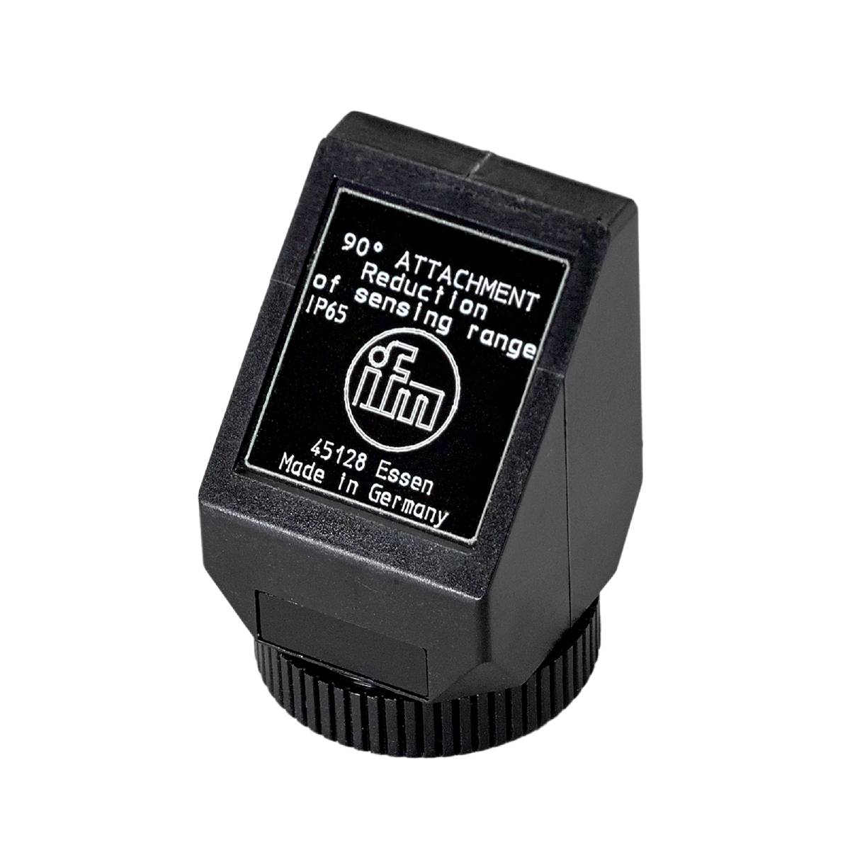 Ein schwarzes Gerät mit der Aufschrift '90° ATTACHMENT, Reduction of sensing range, IP65, 45128 Essen, Made in Germany'.