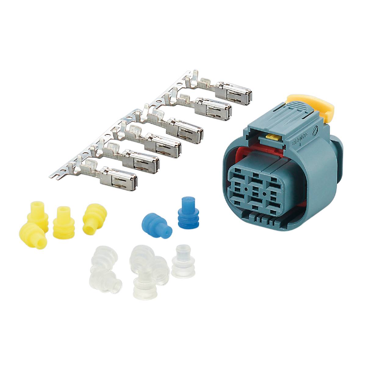 Ein Set von elektrischen Steckverbindern und Dichtungen, bestehend aus verschiedenen Steckergehäusen und isolierten Steckern.