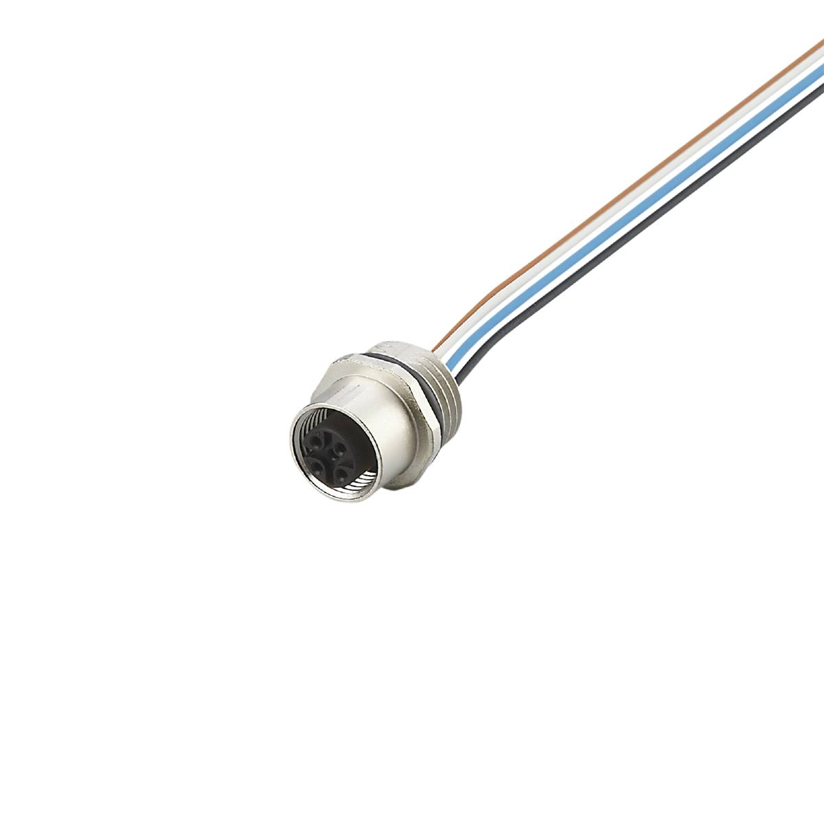 Ein Kabel mit metallischem Stecker und mehreren farbigen Drähten ragt aus einem schwarzen Hintergrund heraus.