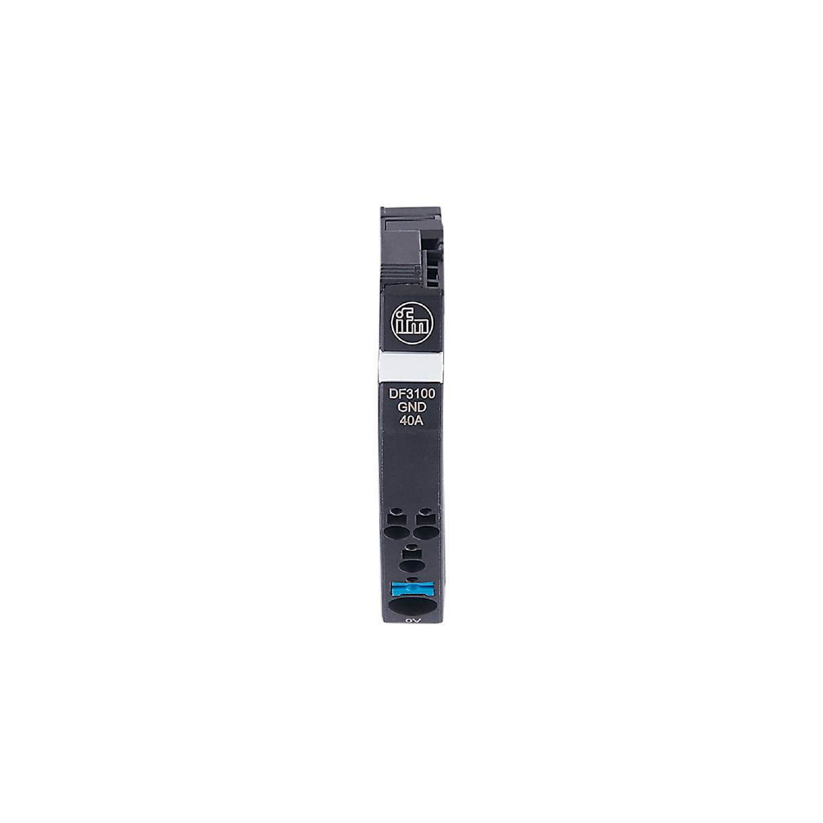 Schwarzer elektronischer Sensor mit blauer und schwarzer Tastenanordnung, Modellnummer DF3100 GND 40A, auf schwarzem Hintergrund.