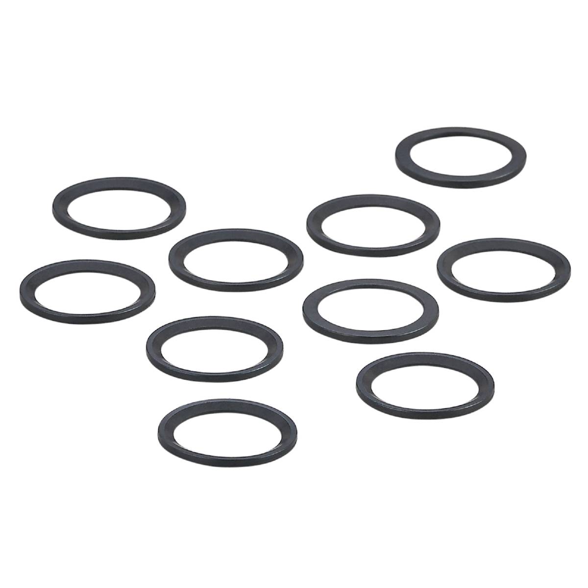Zehn graue O-Ringe aus Gummi auf schwarzem Hintergrund, symmetrisch angeordnet.