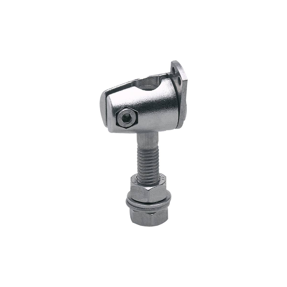 Ein verstellbarer Gelenkverbinder aus Metall auf schwarzem Hintergrund, bestehend aus Schraube, Mutter und Gelenkstück für flexible Verbindungen.