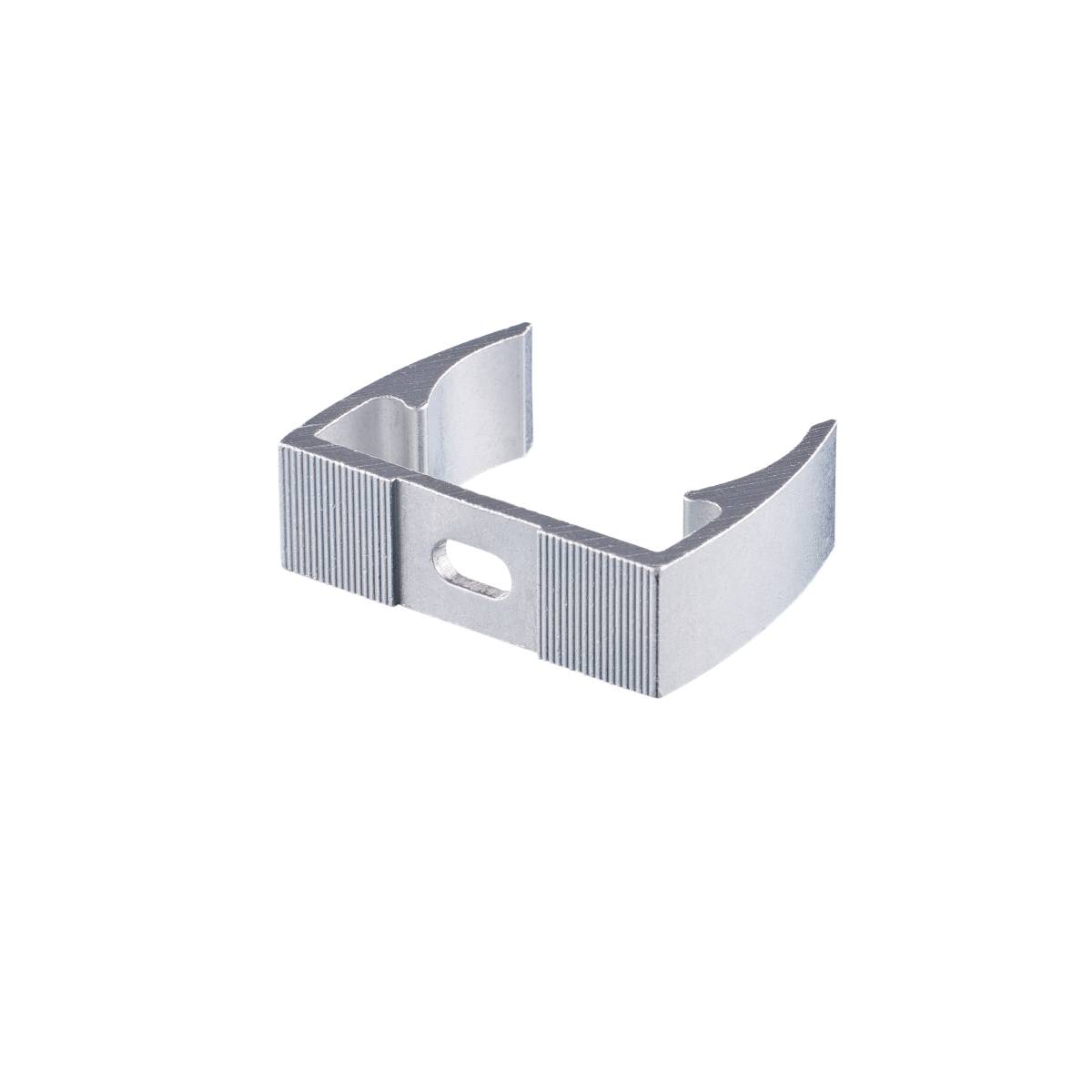 Silberner, rechteckiger Metallclip mit gerundetem Rand vor schwarzem Hintergrund.