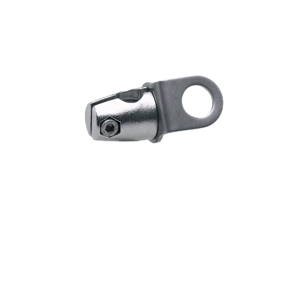 Ein silbernes Metallteil mit einer Schraube, das eine Öse aufweist, möglicherweise für mechanische oder industrielle Anwendungen.