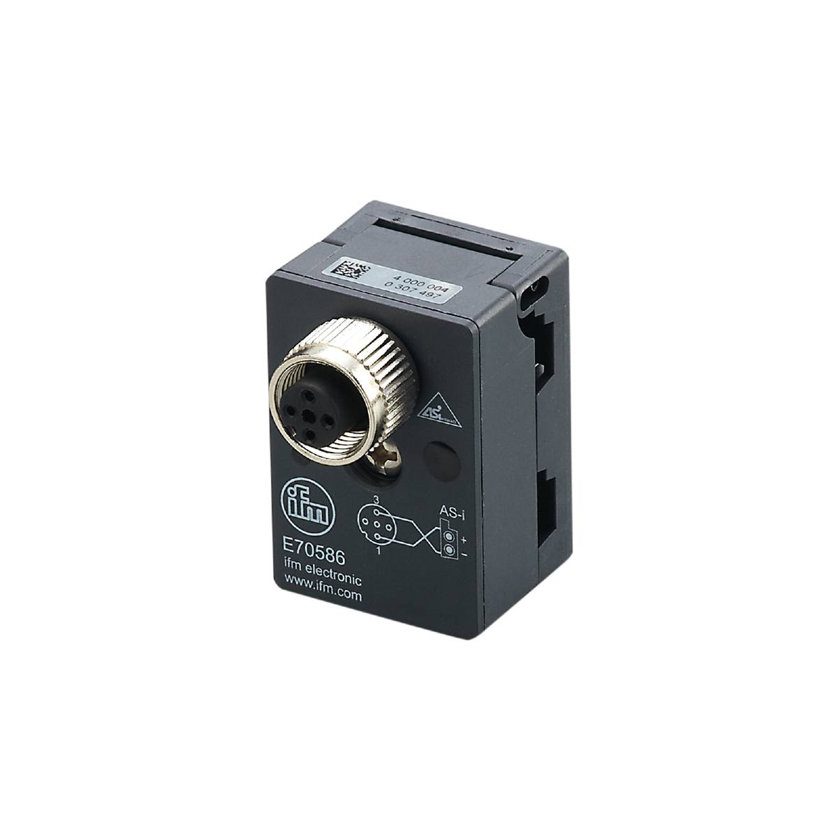 Sensor mit Anschluss und Bedienfeld auf schwarzem Hintergrund, markiert mit 'E70586'.