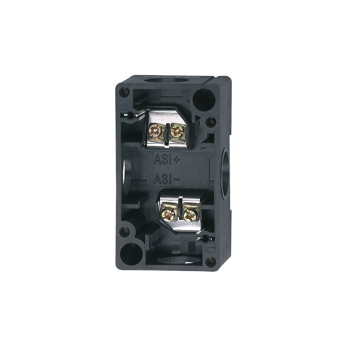 Schwarzes elektrisches Bauteil mit zwei Schraubanschlüssen, beschriftet mit 'ASI+' und 'ASI-'. Geeignet für Verkabelungsanwendungen.