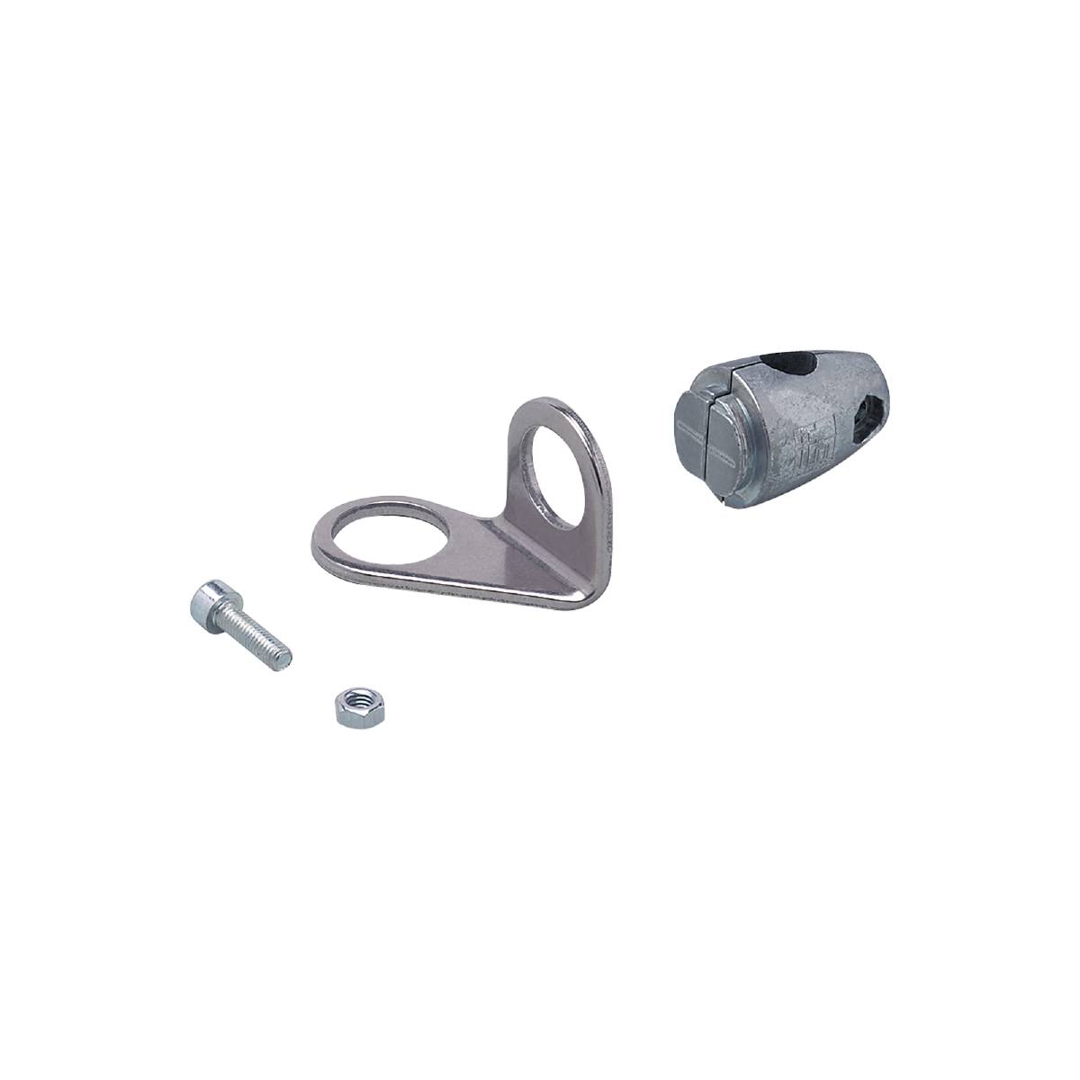 Ein Metallwinkel, eine Schraube mit Mutter und ein Trommeldämpfer vor schwarzem Hintergrund, typisch für Montagematerialien.