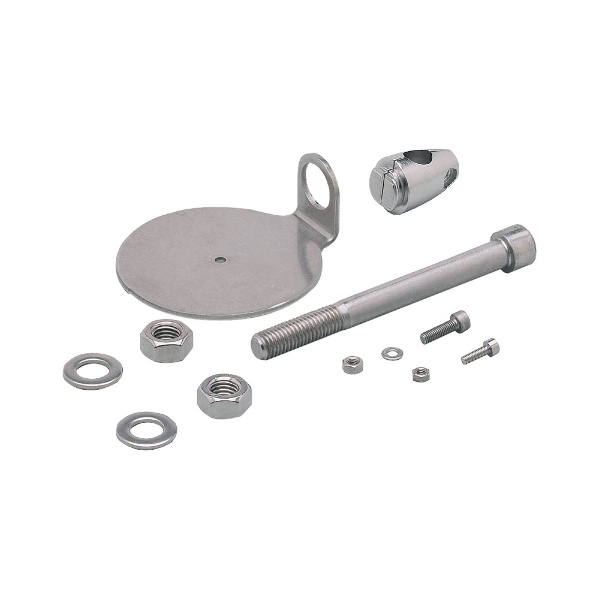 Ein Satz Metallschrauben, Unterlegscheiben und Bolzen auf schwarzem Hintergrund, die für Montagezwecke verwendet werden.