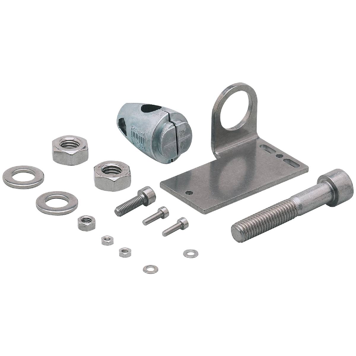 Verschiedene Metallteile, darunter Schrauben, Muttern, Unterlegscheiben und eine Halterung, auf schwarzem Hintergrund angeordnet.