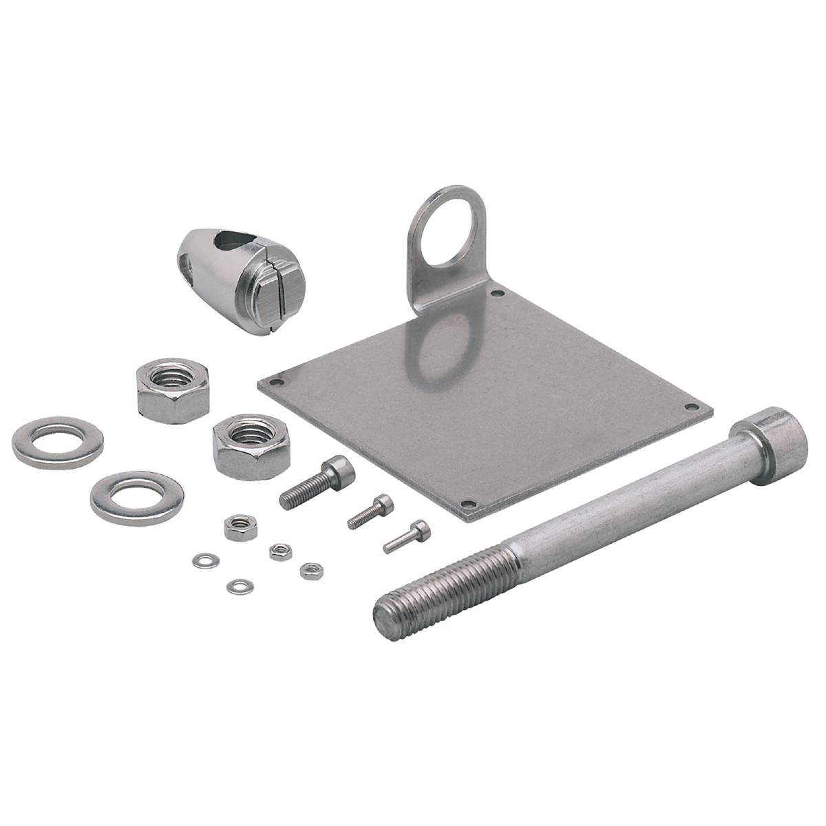 Ein Set aus Metallteilen, einschließlich Schrauben, Muttern, Metallplatte mit Öse und anderen Verbindungsstücken, vor schwarzem Hintergrund.