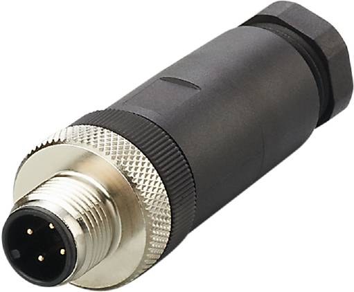 Ein schwarzer elektrischer Stecker mit rundem Metallanschluss und mehreren Pins, oft genutzt in Industrieumgebungen zur Verbindung.