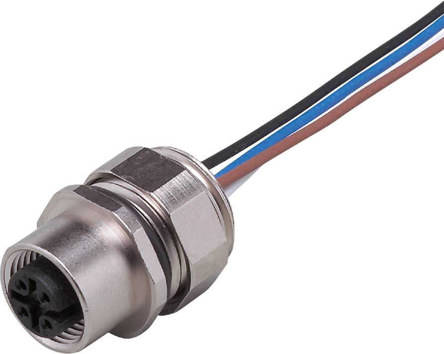 Ein silberner Anschlussstecker mit drei herausragenden Kabeln in den Farben braun, blau und schwarz, vermutlich für eine elektrische Verbindung.