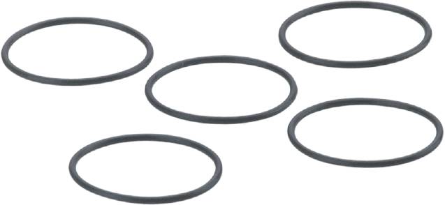 Fünf schwarze O-Ringe gleichmäßig verteilt auf weißem Hintergrund. Sie wirken funktional, vermutlich zur Abdichtung oder als Dichtungen verwendet.