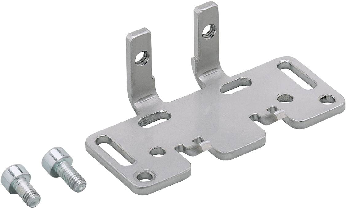Metallhalterung mit drei Befestigungspunkten und zwei Löchern, geeignet für Montagezwecke. Eine Schraube liegt daneben.